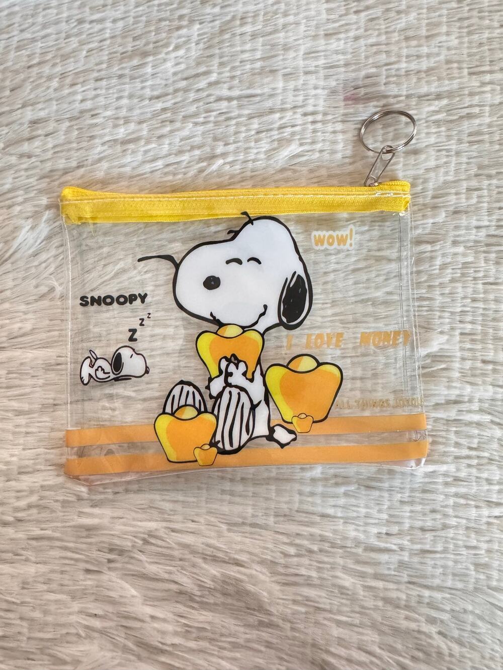 Snoopy clear pouch yellow accents keychain zipper